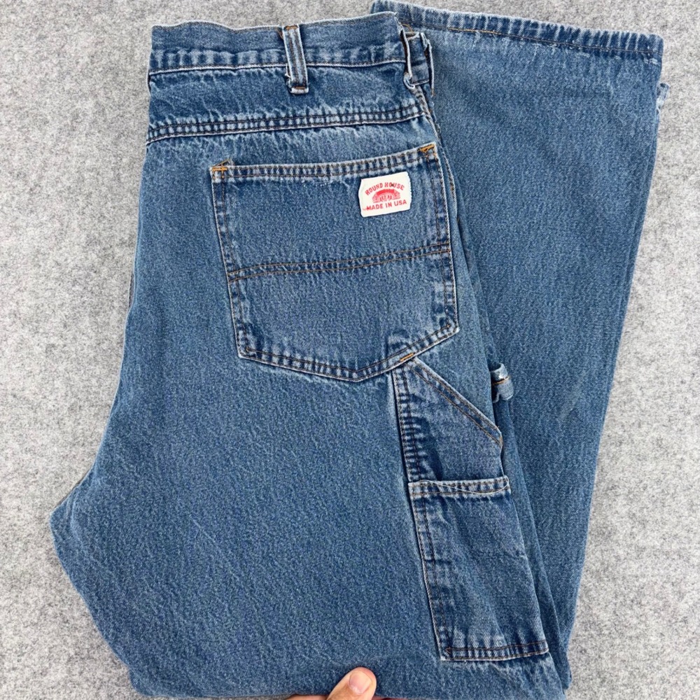 Vintage Round House Mens Carpenter Jeans 36x34 Blue Denim Made in USA Workwear